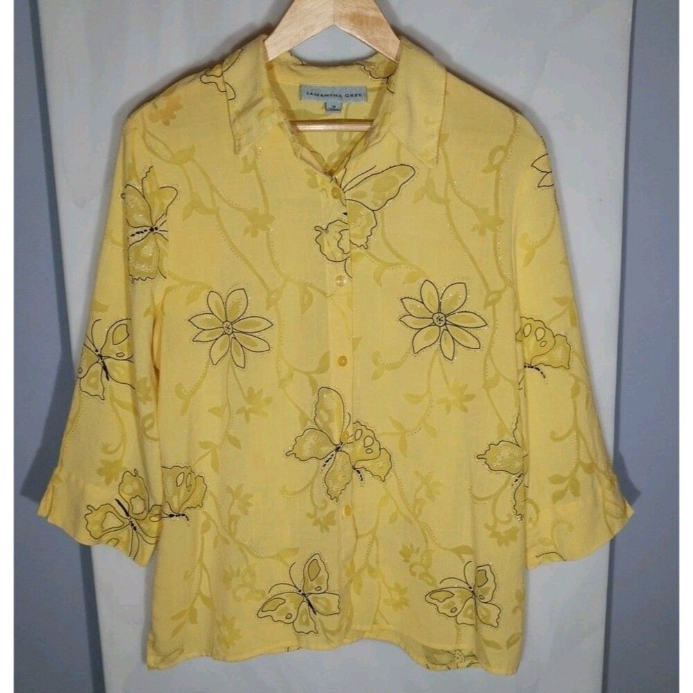 Samantha Grey Plus Size 16 Yellow Butterfly Floral Sheer Button Front Blouse